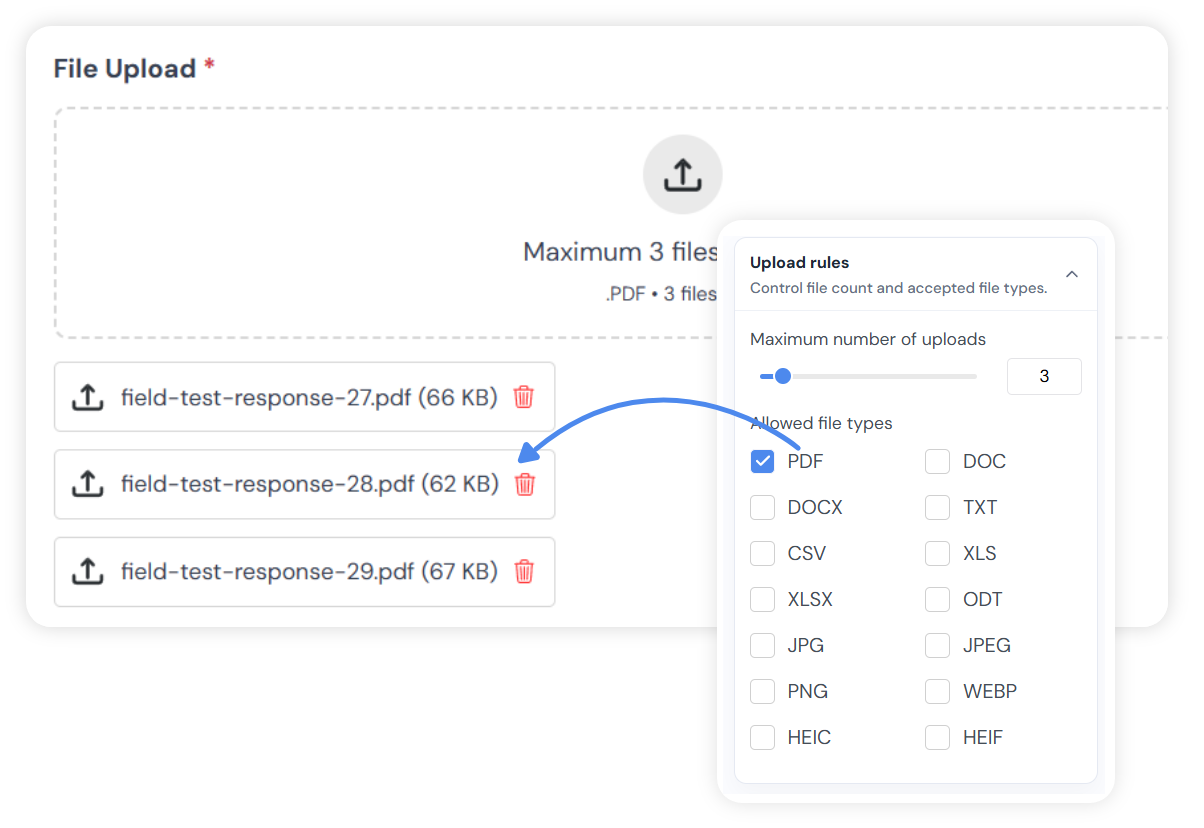 File upload form preview showing an upload drop area and attached files