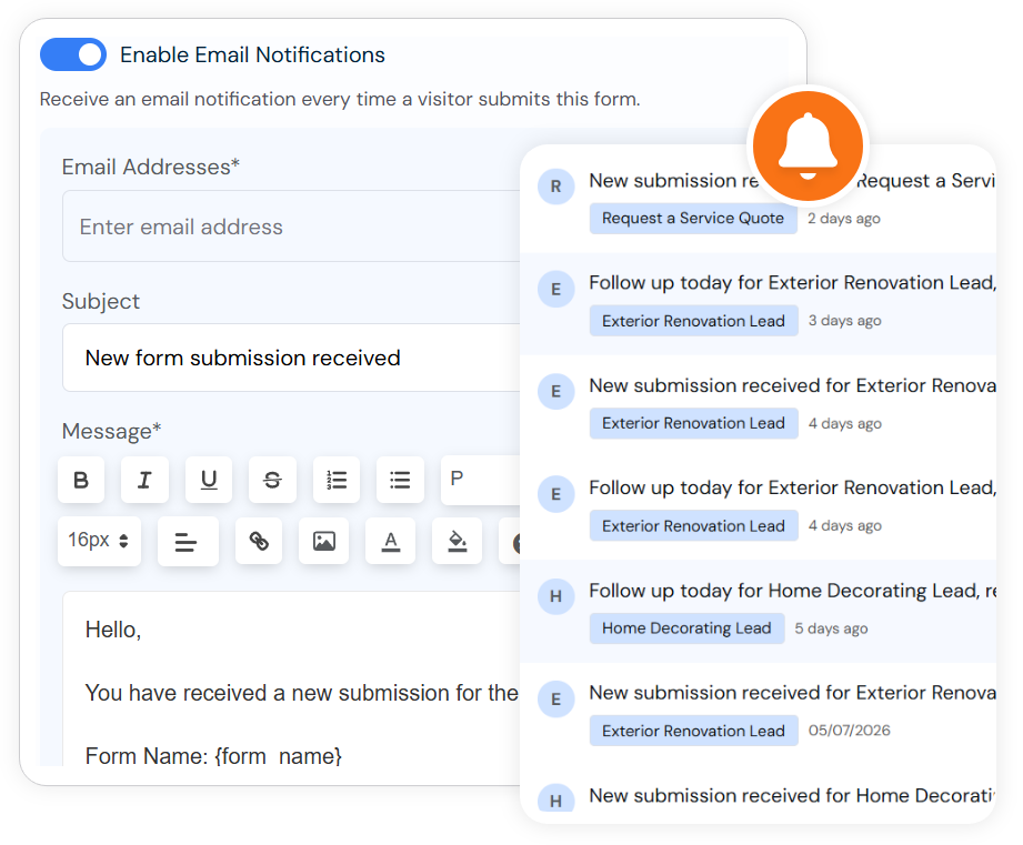 Form notification settings preview with email toggle, recipients, subject, and message