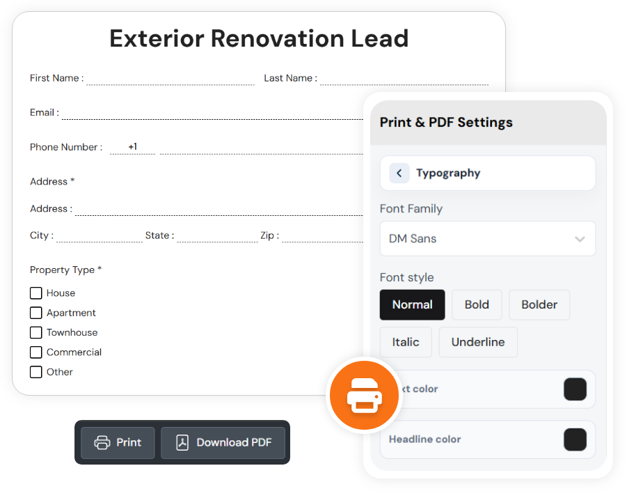 Offline form preview with printable pages, settings, print, and download PDF actions