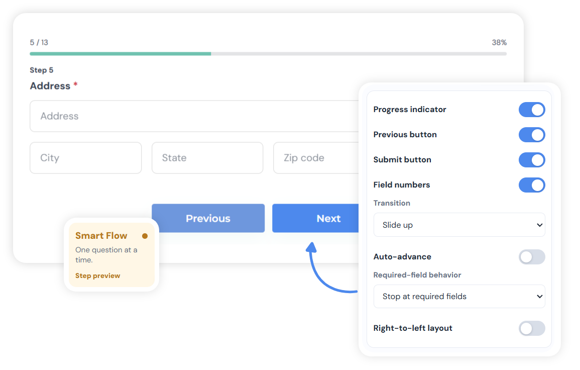 Smart Flow preview showing field progress and one focused upload step