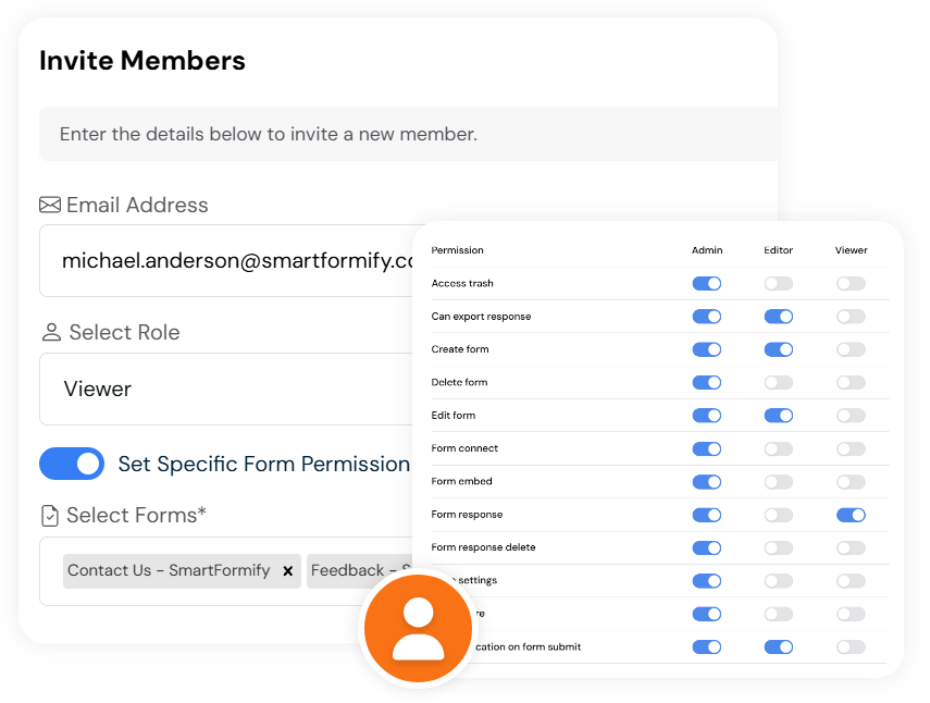 Team collaboration invite member preview with email, role, form access, and status