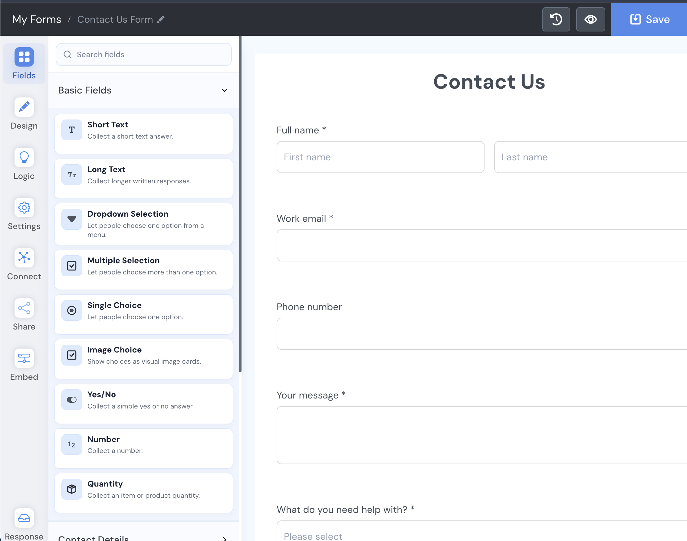 SmartFormify Form Builder showing the field sidebar and a branded Contact Us form with editable input fields