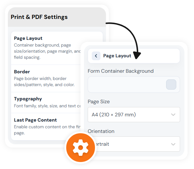 Offline form print settings for page size, orientation, margins, border, and typography