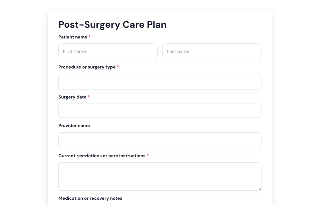 Post Surgery Care Plan Form cover